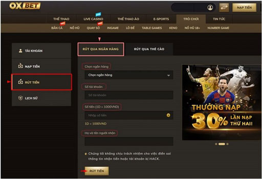 Các bước rút tiền tại nhà cái OXBET